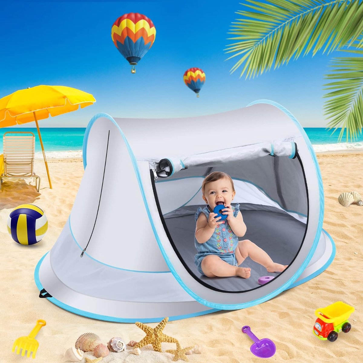 Fuegobird BabyBox Campingbedje - Baby Tentje - UV-beschermingsniveau UV50+ - Blokkeer Muggen - Opvouwbare opslag - Versterking van grondspijkers - Zilver Grijs/Blauw – foto 7