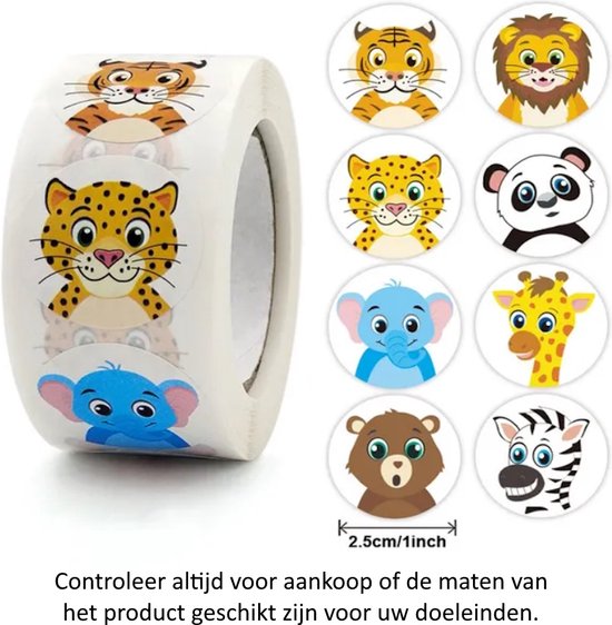 Rol met 500 Wilde Dieren stickers - 2.5 cm diameter - Wild Animals - Dierentuin - Zoo - Cartoon - Schattig - Leeuw - Tijger - Puma - Panda - Olifant - Giraffe - Beer - Zebra - Decoratie - Versiering - Verjaardag