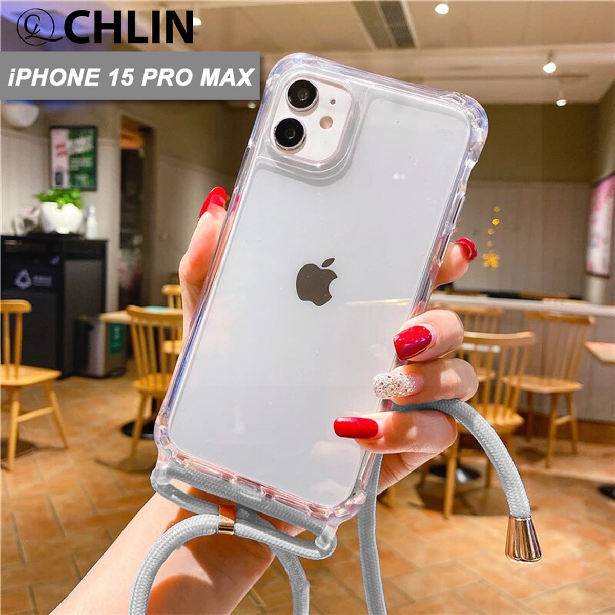 CL CHLIN® - iPhone 15 Pro Max transparant hoesje met GRIJS koord - Hoesje met koord iPhone 15 Pro Max - iPhone 15 Pro Max case - iPhone 15 Pro Max hoes - iPhone hoesje met cord - iPhone 15 Pro Max bescherming - iPhone 15 Pro Max protector