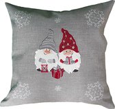 Housse de coussin - aspect lin - Noël - Grijs avec nains - gnome - sorcière - 40 x 40 cm