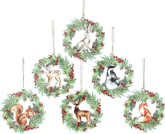 Zes Bosdieren in een Kerstkrans - Kersthangers van Gisela Graham