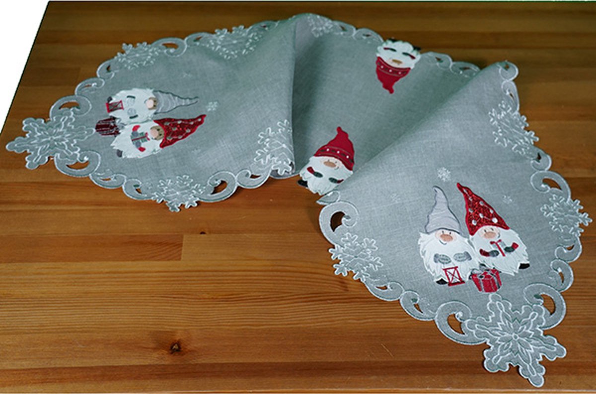 Tafelloper - linnenlook - Kerst - Grijs met kabouters - gnoom - wichtels - Loper 40 x 140 cm