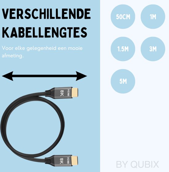 Zwarte HDMI 2.1 kabel met '8K HDMI' op de connectoren, verkrijgbaar in 50cm, 1m, 1.5m, 3m en 5m.