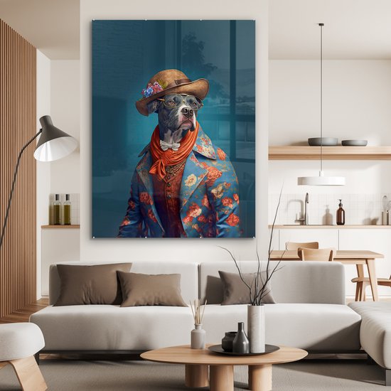 MuchoWow® Peinture sur verre 120x160 cm - Peinture sur verre acrylique - Chien - Veste - Fleurs - Chapeau - Blauw - Photo sur verre - Peintures