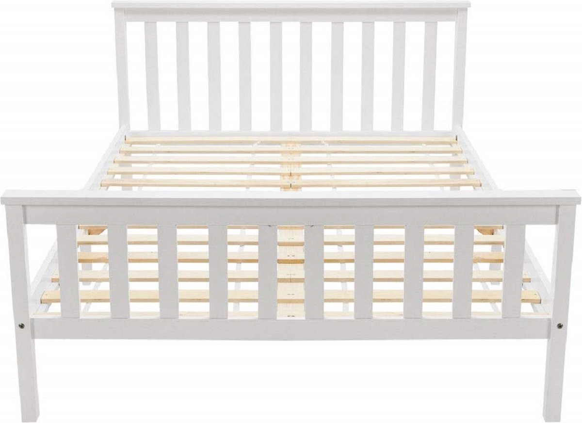 Tweepersoonsbed houten bed 140 x 200 cm massief houten bed met lattenbodem, grenen bed voor volwassenen, kinderen, tieners, wit