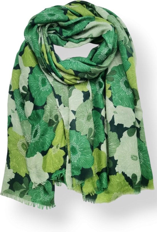 Lange dames sjaal Ellemieke gebloemd motief groen wit zwart smaragd lime olijf