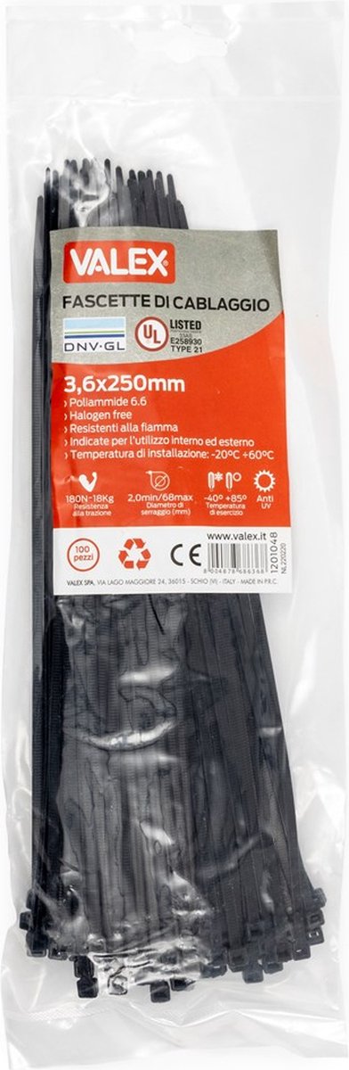 Valex - Zwarte kabelbinders / Tie wraps 3,6x250mm 100 stuks - 1201048