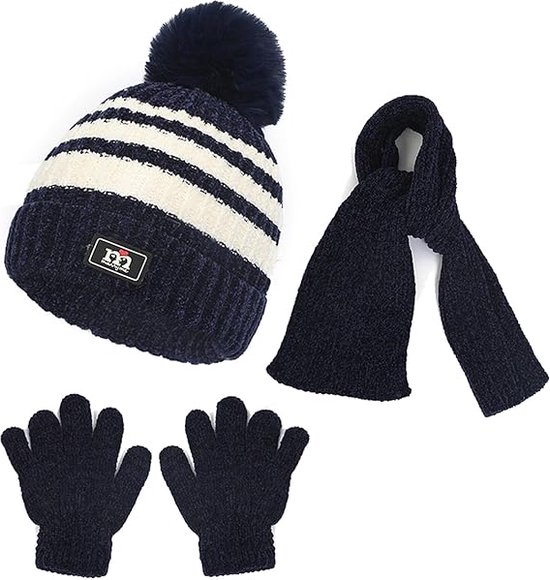 Pom muts en handschoenen voor kinderen, warme strepen, beanie, wintermuts, lange sjaal en handschoenen, set voor 2-8 jaar, jongens en meisjes, winteraccessoireset, outdoor sport, donkerblauw.