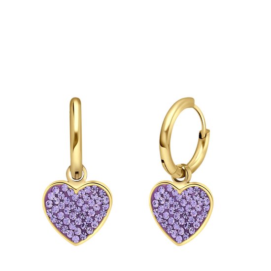 Lucardi Dames Stalen goldplated oorbellen hart kristal violet - Oorbellen - Staal - Goudkleurig