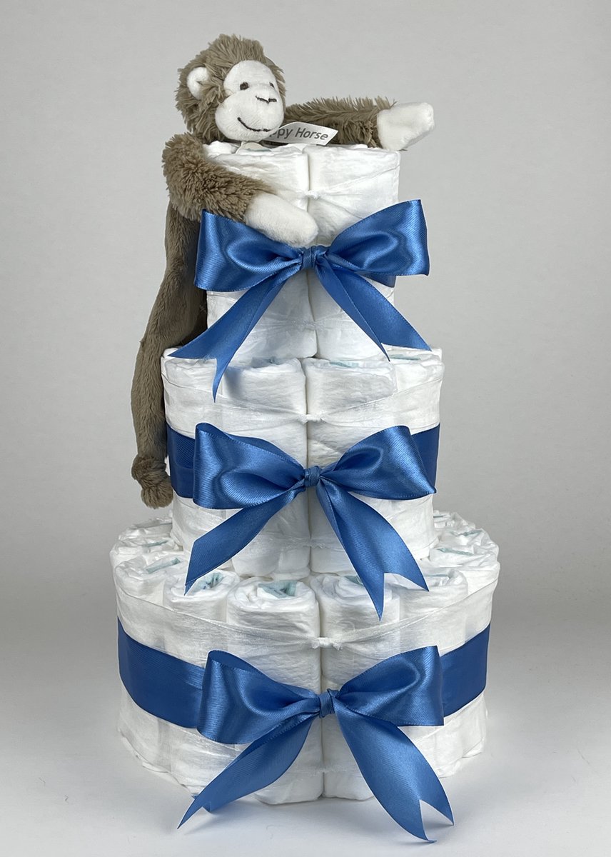 Chouette-Chouette | Luiertaart Jongen | Kraamcadeau | Geboorte Jongen | Babyshower | Tuttle Aap Mickey Clay bruin - diep Blauw