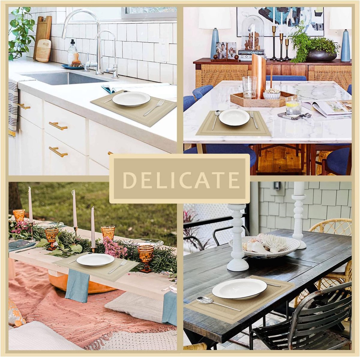 Placemats, set van 6, geweven vinyl, wasbaar, antislip en hittebestendig (beige)
