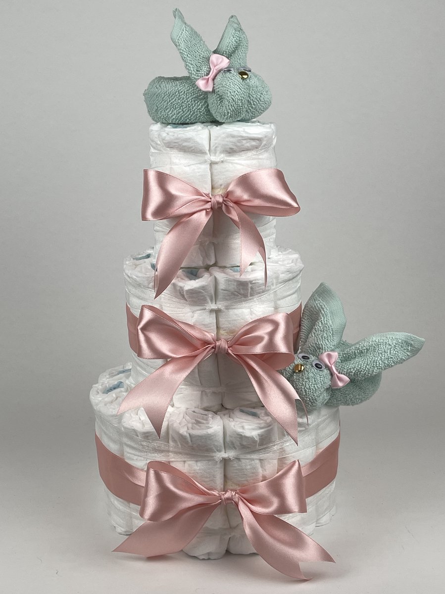 Goedkoopste Chouette-Chouette | Luiertaart Meisje | Kraamcadeau | Geboorte Meisje | Babyshower | Konijnen Mint groen - donker Poeder Roze