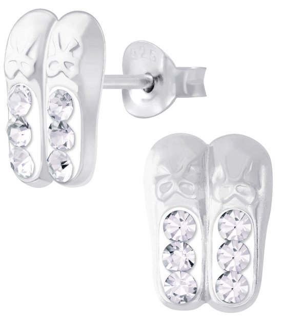 Joy|S - Zilveren ballerina ballet schoentjes oorbellen - wit kristal