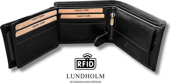 Lundholm Portefeuille en cuir de luxe pour hommes RFID anti-skim dans un coffret cadeau - Série Reykjavik portefeuille de taille compacte en cuir pour hommes - cadeaux pour hommes Billfold Zwart