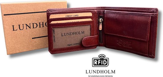 Lundholm Portefeuille homme luxe cuir compact RFID anti-skim dans coffret cadeau - Série Reykjavik portefeuille cuir homme - cadeaux homme Billfold Cognac