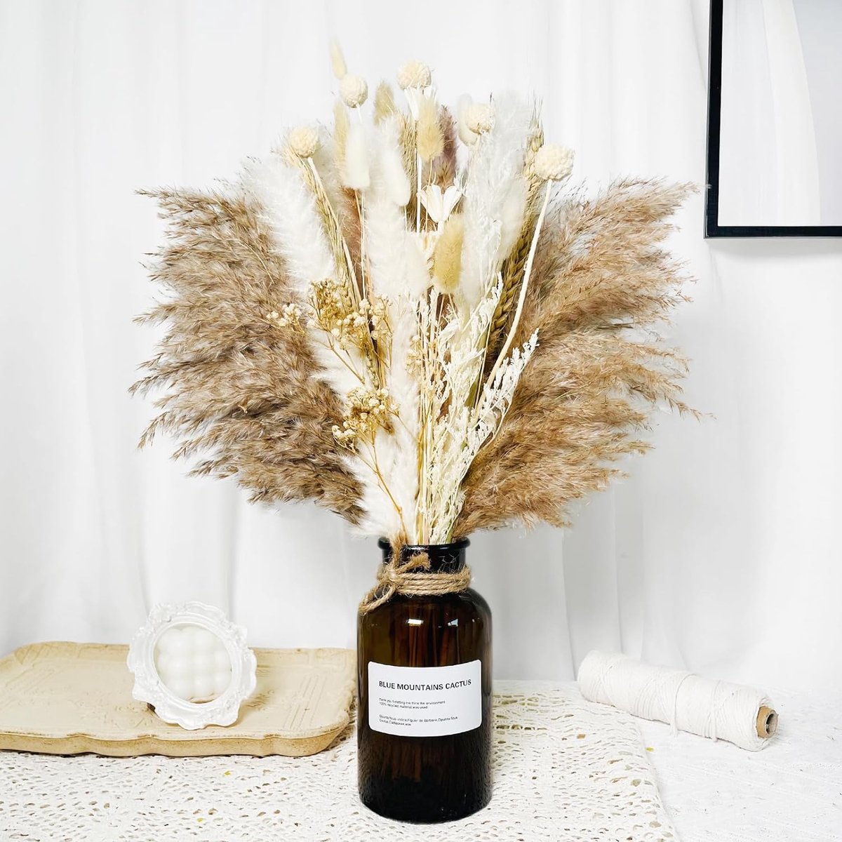 Pampas Gras Gedroogd Natuurlijk Gedroogde Bloemen Deco DIY Droog Bloemen Boeket, Pampas Gras Boeket Rietbloem Deco Ideaal voor Boho Woonkamer (77pcs)