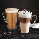 Dubbelwandige latte macchiato-glazen, set van 2 stuks, van borosilicaatglas, koffiekopjes, 450 ml, koffieglas, theeglazen met handvat, voor cappuccino, latte macchiato, thee, ijs, melk, bier