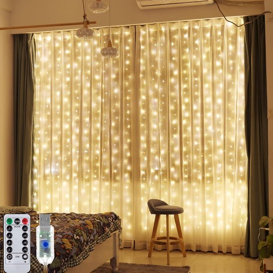 Rideau lumineux LED BOTC avec télécommande - Comprend télécommande - Cordon lumineux - 3 mètres - 300 lumières - Blanc chaud