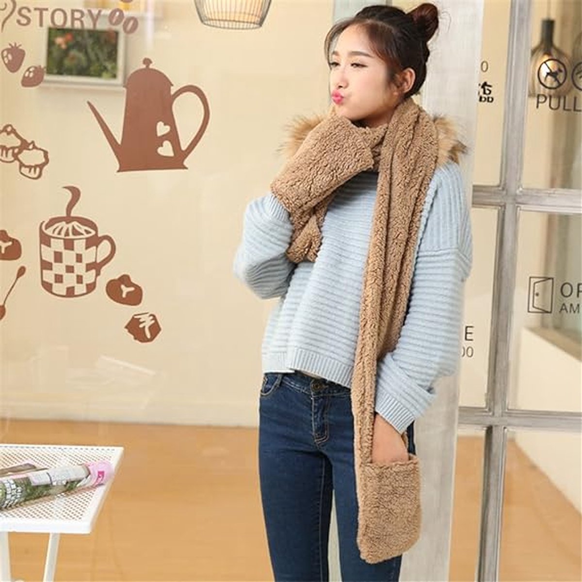 1/2/3PCS Damesstijl Fleece gevoerd met sjaal Geïntegreerde