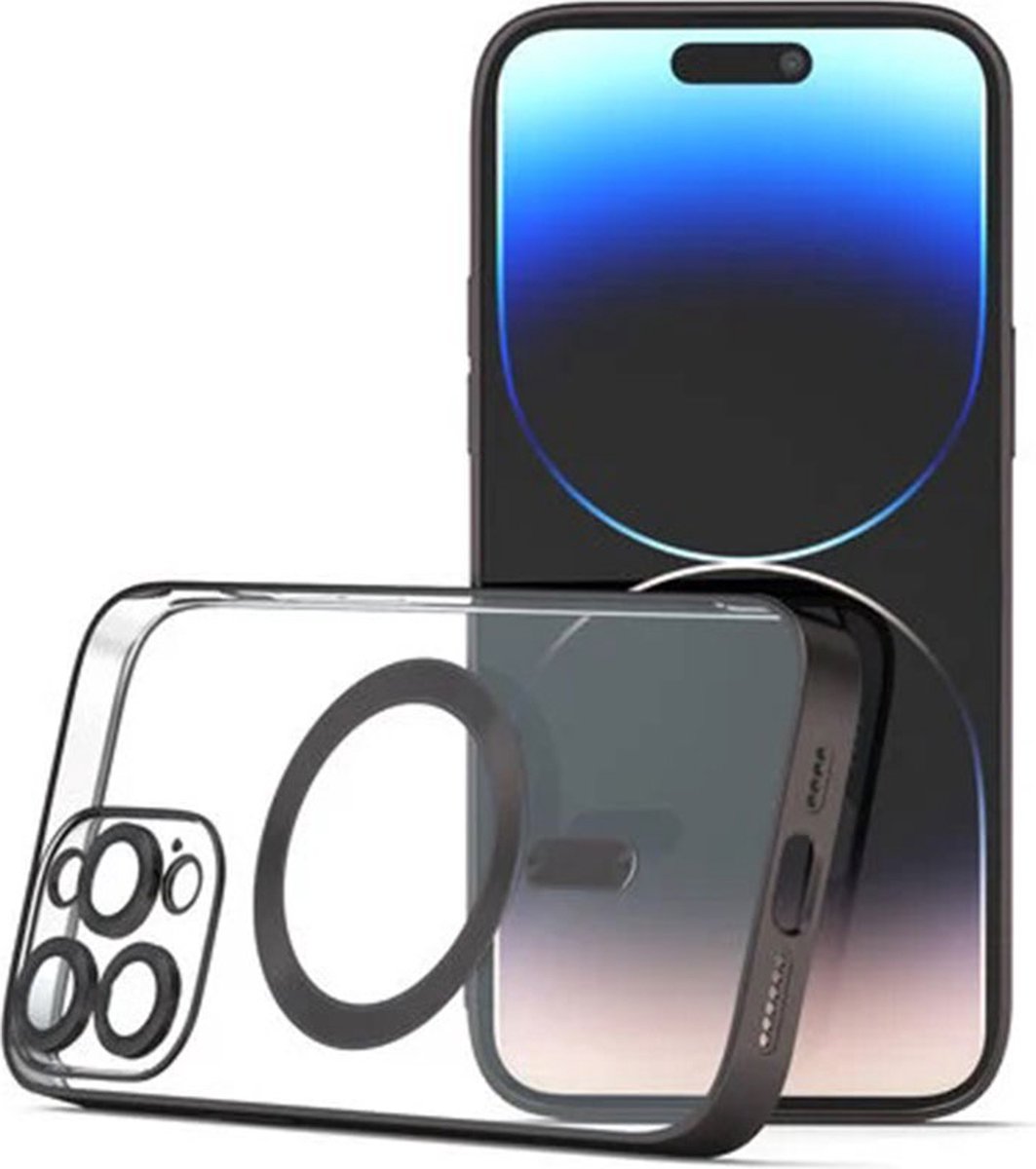 iPhone 14 Pro Max Transparant MagSafe Magnetische Telefoon Hoesje - Achterkant Doorzichtig case met Camerabescherming - Zwart
