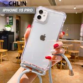 CL CHLIN® - iPhone 15 Pro transparant hoesje met GRIJS koord - Hoesje met koord iPhone 15 Pro - iPhone 15 Pro case - iPhone 15 Pro hoes - iPhone hoesje met cord - iPhone 15 Pro bescherming - iPhone 15 Pro protector.