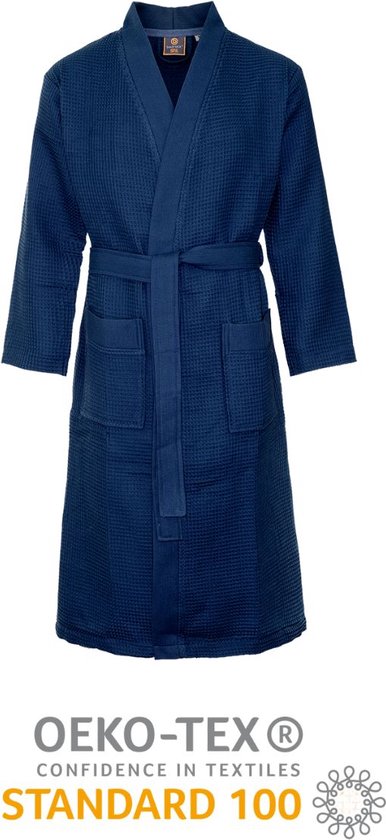 Marineblauwe wafel badjas, recht van voren. OEKO-TEX® STANDARD 100.