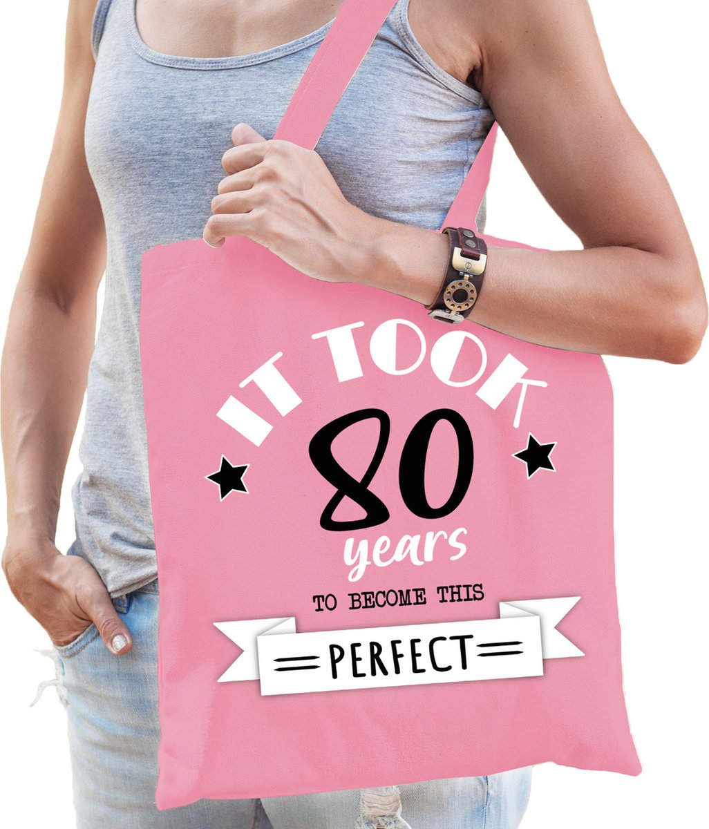 Bellatio Decorations cadeau tas dames - 80 en perfect - roze - katoen - 42 x 38 cm - tachtig