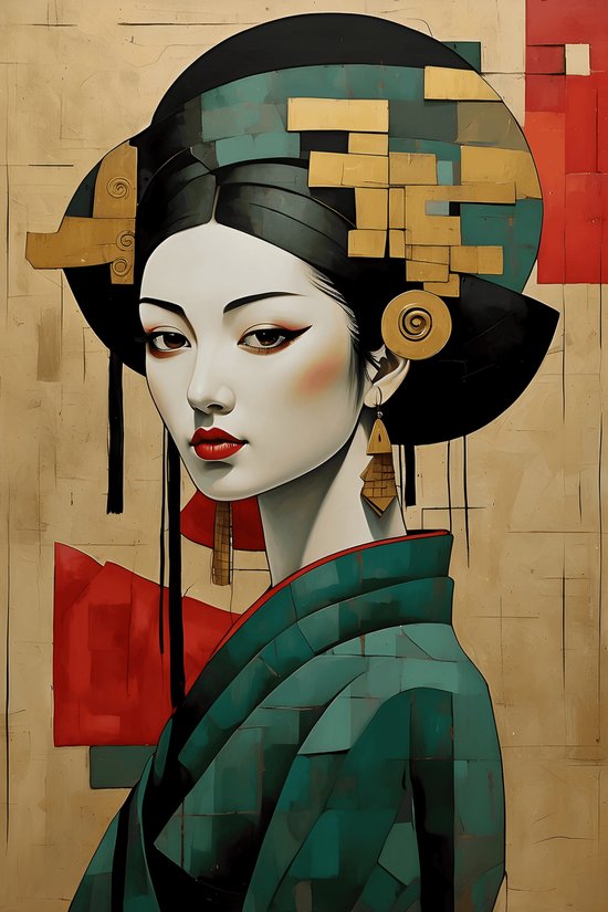 Poster Oriental | Geisha Poster | Gouden Geisha | Interieurposter | Vintage Poster | Poster Oosterse Stijl | Azie Poster | Azie Kunst | 51x71cm | Wanddecoratie | Muurposter | MT | Geschikt om in te lijsten