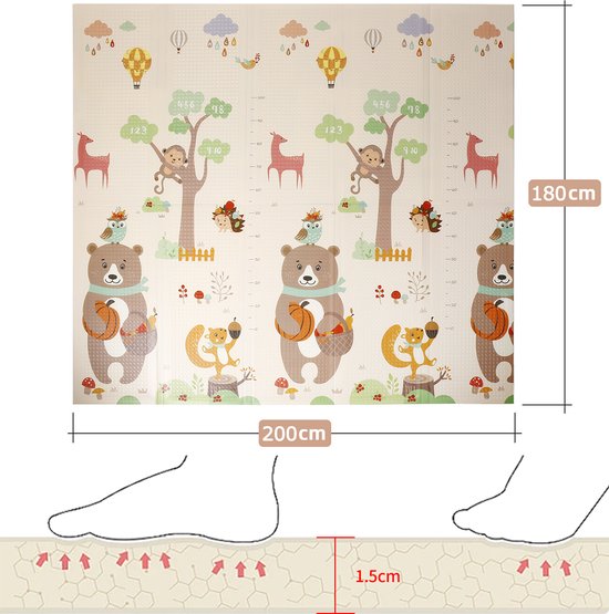 K IKIDO Baby Speelmat-Vouwbare Kinderen Kruipmat-Antislip en Waterafstotend-XL Foam Vloermat,Dubbelzijdige Speelkleed-Draagbaar Voor Binnen of Buiten-1.5 CM Dik-180 x 200 CM