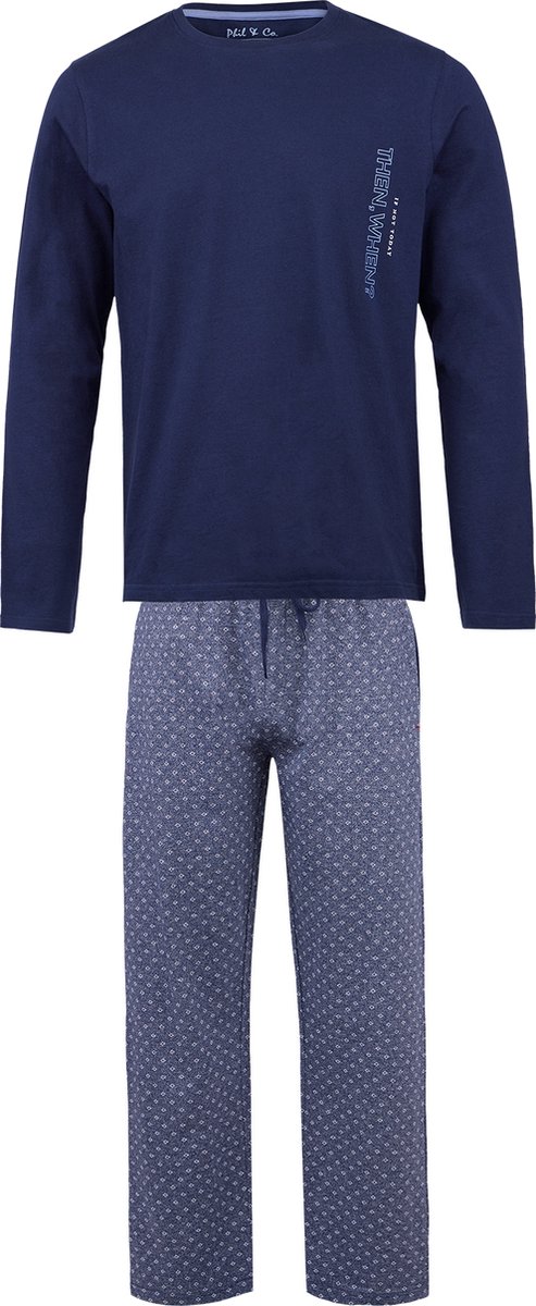 Phil & Co Lange Heren Winter Pyjama Set Katoen Patroon Op De Broek Blauw - Maat XL