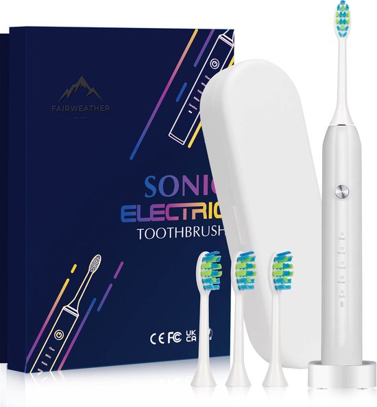Fairweather Elektrische Tandenborstel - Pro Clean - Gebitsverzorging – Reis etui, 3 opzetborstels - Medium hardheid - Wit