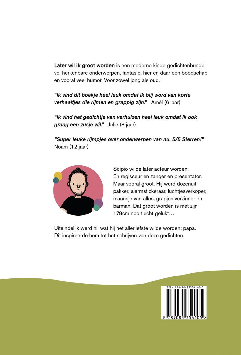 Een illustratie van een lachende man met een ronde kop en stippen in verschillende kleuren erachter. De tekst beschrijft een kindergedichtenbundel.