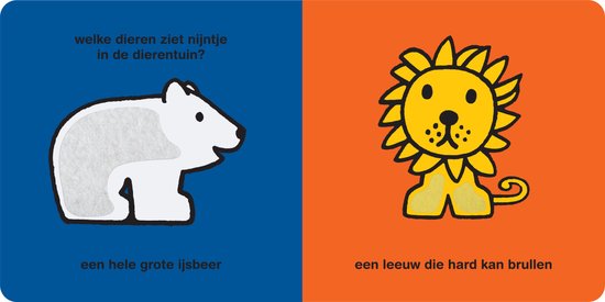 Een witte ijsbeer op een blauw vlak en een gele leeuw op een oranje vlak.