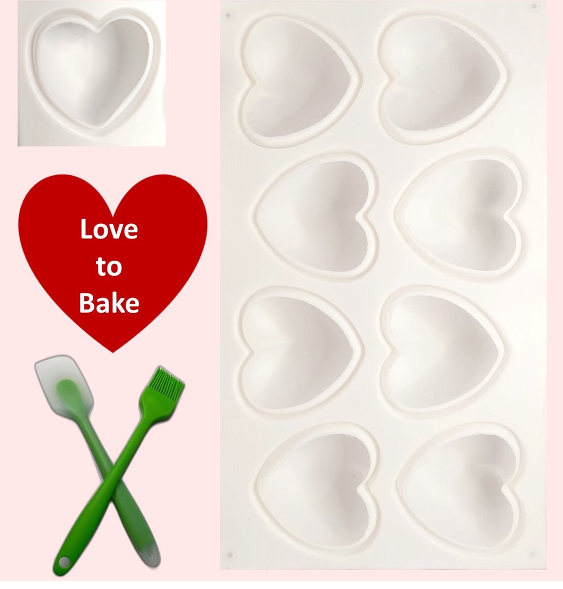 Bakvorm – Cupcake bakvorm – Muffin bakvormen – Cakevorm silicone – Bakvorm voor 8 hartvormige cakejes – Set 2 stuks - incl pannenlikker en Bakkwast