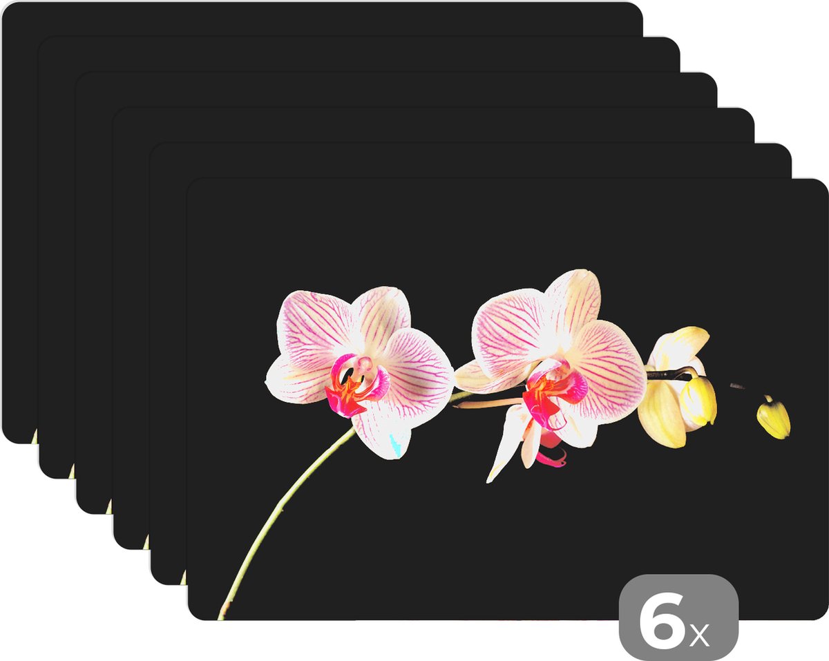 Placemat - Placemats kunststof - 45x30 cm - Orchidee - Bloemen - Zwart - Roze - Knoppen - 6 stuks - Borden onderleggers antislip - Tafel decoratie - Luxe tafelversiering - Tafelmat vinyl - Bord onderlegger - Tafeldecoratie accessoires
