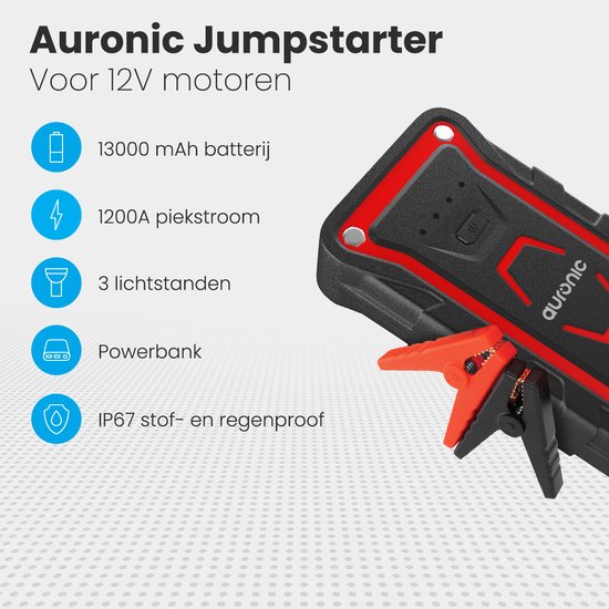 Auronic 12V Jumpstarter voor Auto – 1000A / 13.000 mAh – 4-in-1- starthulp – Incl. tas - Rood/Zwart - Auronic
