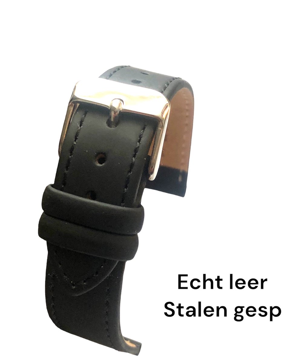 Horlogeband-horlogebandje-20mm-echt leer-zacht-mat-plat-zwart-stalen gesp-leer-20 mm - Echt leer