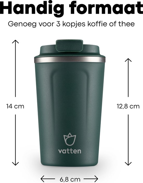 Vatten® Premium RVS Koffiebeker To Go - Donkergroen - 380ml - Thermosbeker - Theebeker - Vatten