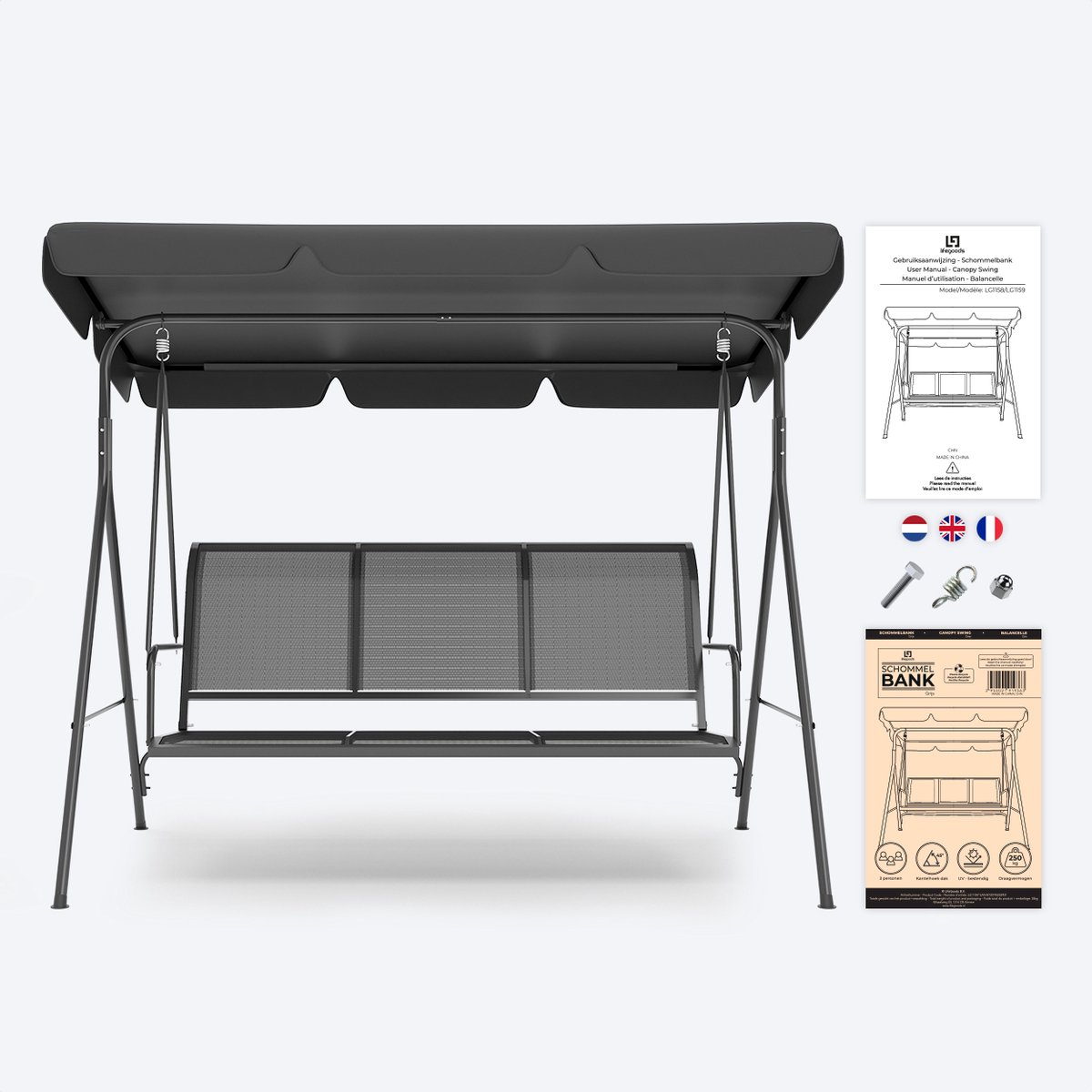 LifeGoods Schommelbank - 3-zits - tot 250KG - Kantelbaar Dak - UV-bestendig Zonnescherm - 172x104x162cm - Grijs — afbeelding 7