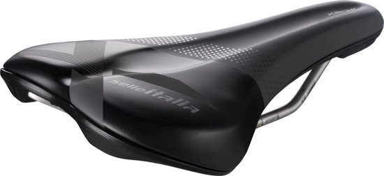 Zwart Selle Italia fietszadel met grijs grafisch patroon en logo.