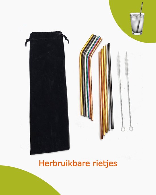 FunFuel - Set met 10 Herbruikbare Rietjes (5 recht en 5 gebogen), 2 Rietjes Borstels en Handige Opbergzak - Metalen Rietjes - Duurzaam en Stijlvol voor Elke Cocktail