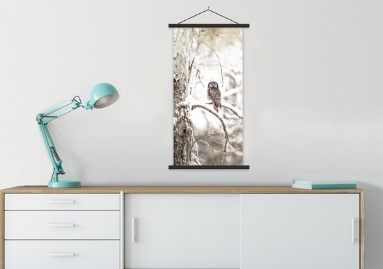 Posterhanger incl. Poster 60x120 cm - Schoolplaat - Uil - Sneeuw - Winter - Vogels - Portret - Textielposter - Zwarte latten