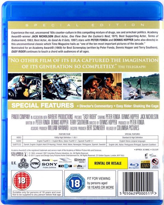 Achterkant Blu-ray "Easy Rider" Special Edition met filmafbeeldingen, cast en productinformatie.