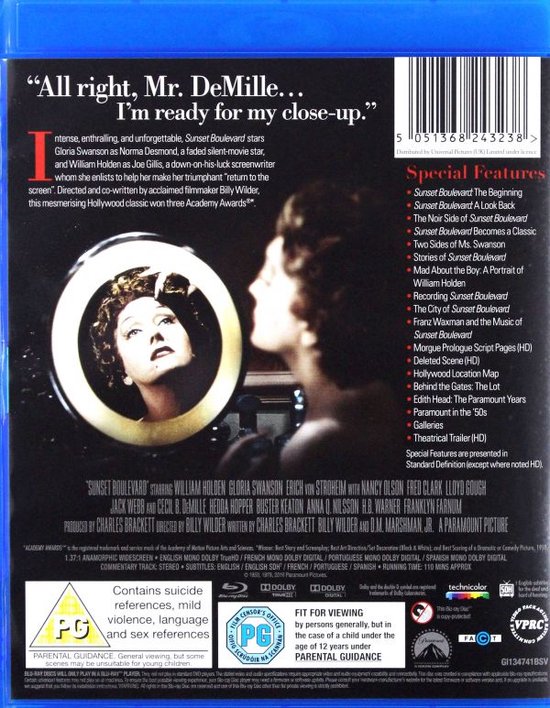 De achterkant van de Blu-ray hoes van Sunset Boulevard toont de reflectie van Gloria Swanson in een spiegel, met tekst over de film en zijn sterren.