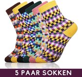 Vintage Winter Sokken Set - 5 paar dames sokken Maat 35-39 - Blokjes Design, Diverse kleuren, Wol
