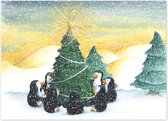 Kerstkaarten | Set van 5 | Pinguïns om de kerstboom illustratie | Illu-Straver