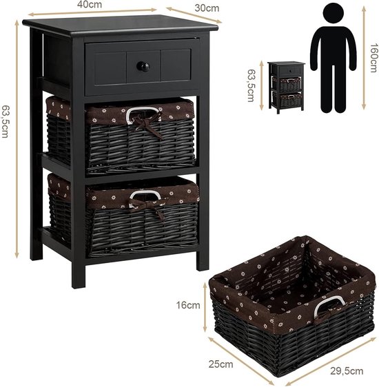 GIANTEX Nachtkastje met 2 laden, bijzettafel, hout, 45 x 40 x 62 cm, nachtkastje met massief houten poten, woonkamertafel, salontafel, salontafel voor slaapkamer (zwart