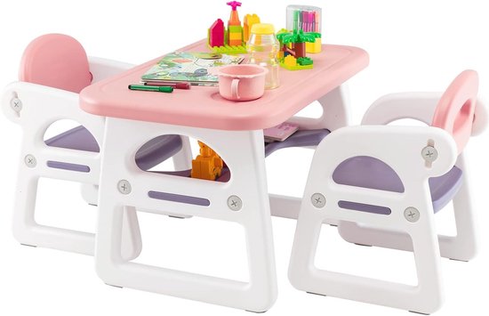 3-delige kinderzitgroep, kindertafel met 2 stoelen, bureauset met opbergvak voor lezen, tekenen, schrijven & knutselen, kindermeubels voor binnen met plank voor 1-5 jaar (roze & paars)