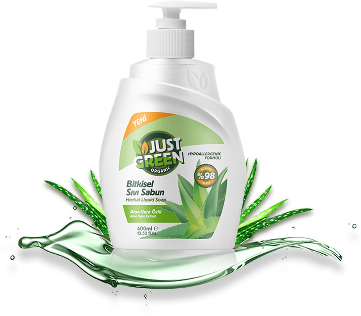Just Green Organics - Natural Liquid Hand Soap, Aloe Vera, Niet-giftige Formule, Veganistisch en Milieuvriendelijk, Recyclebare Verpakking