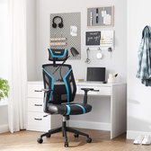 Bureaustoel, ergonomische draaistoel, kantelbaar, verstelbare hoofdsteun, armleuningen en gevoerde lendensteun, gamingstoel, tot 120 kg belastbaar, zwart-blauw HMBN059B01